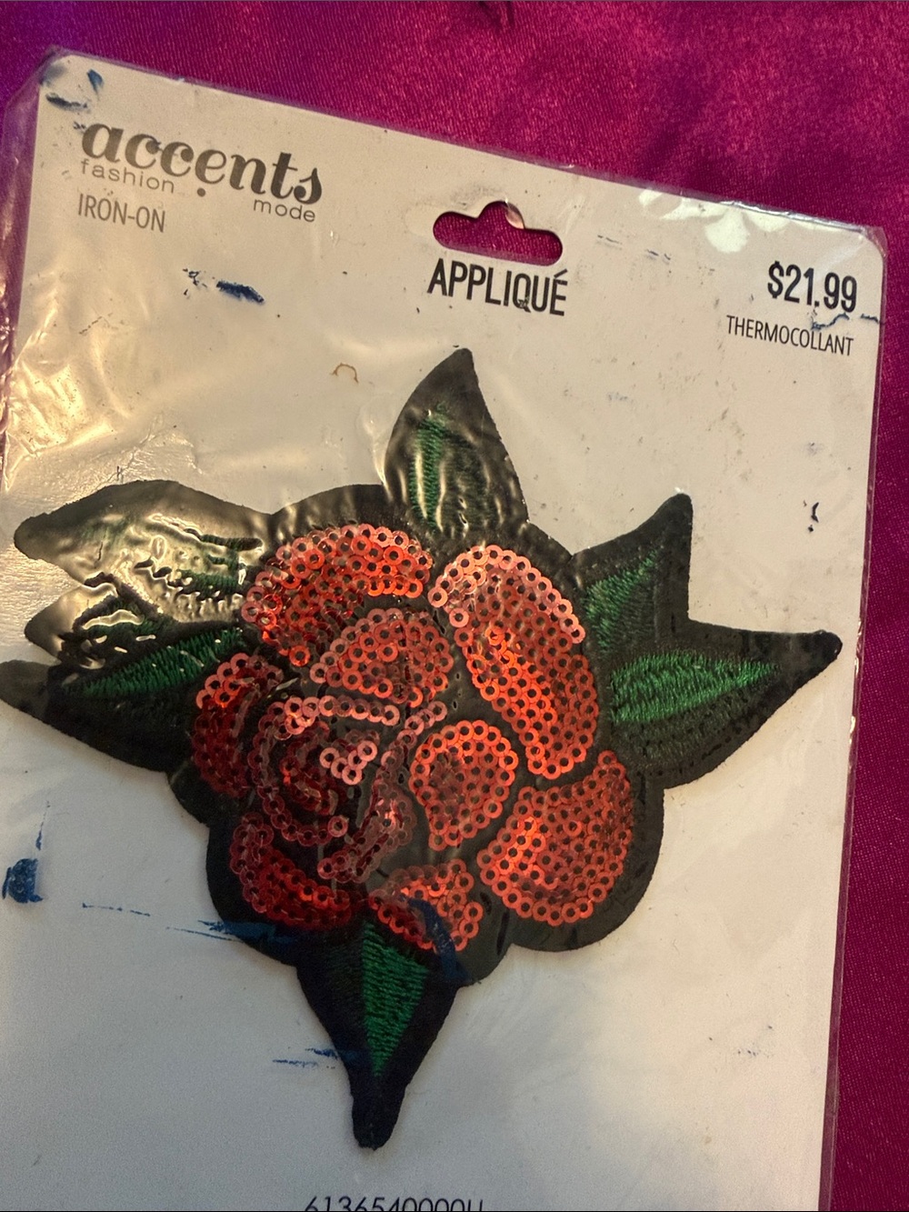 NWT Accents Iron-On Sequin Rose Applique - Red & Green